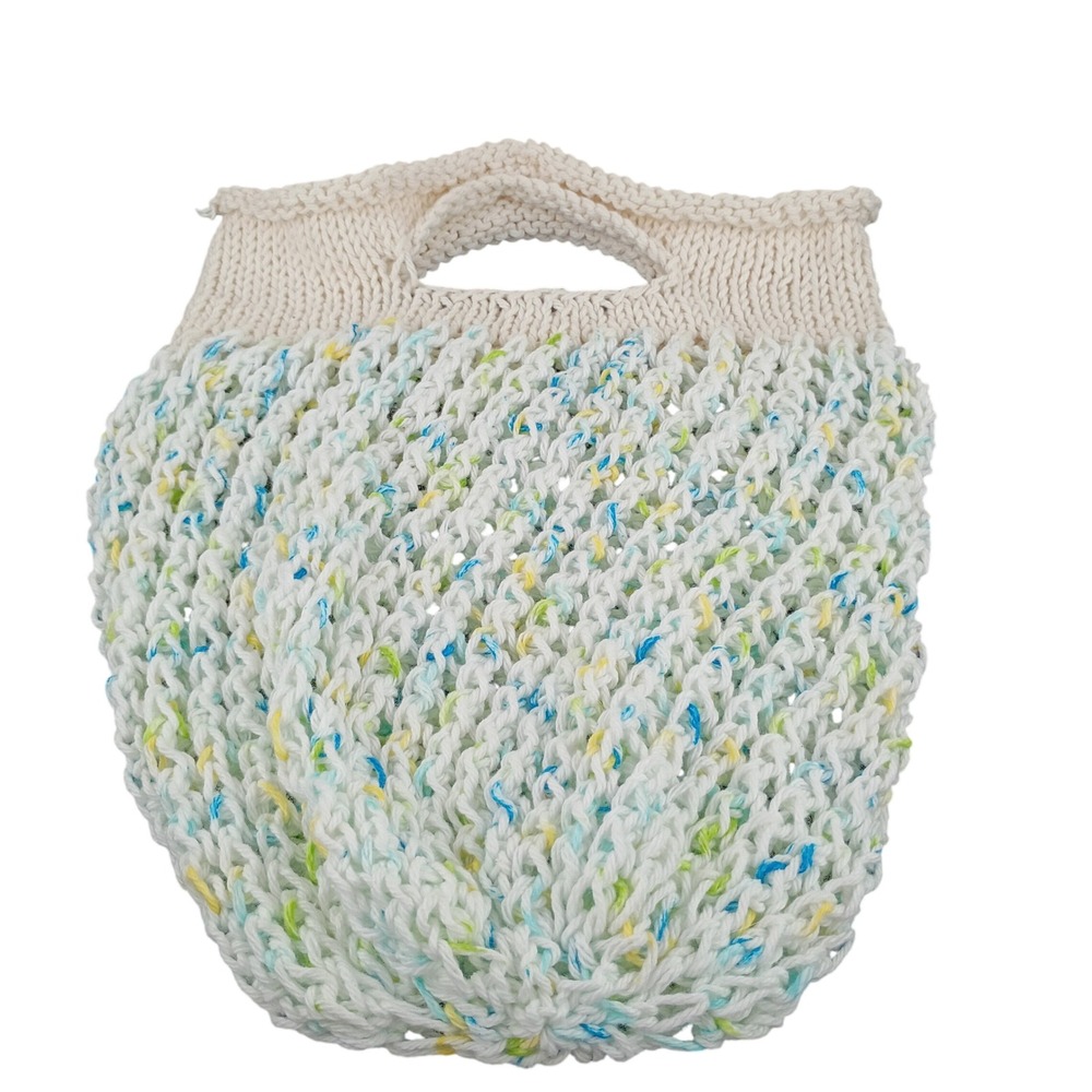 Handmade Knit Market Bag White Blue Yellow Speckled Mesh Tote Boho Beach Bag